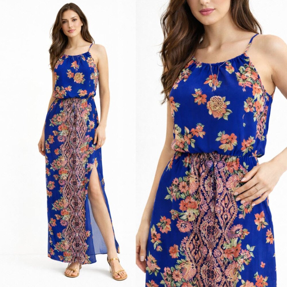 City Studio Blue Multicolour Floral Bohemian Maxi Dress​​​​